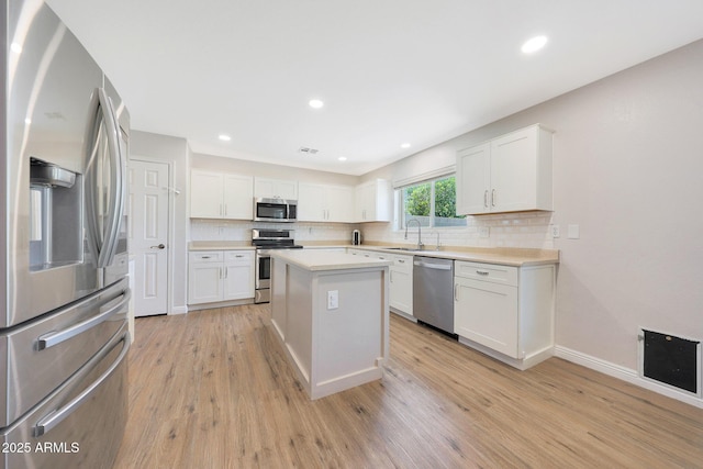 5744 E Jacaranda St, Mesa, AZ 85205 - kitchen featuring stainless steel appliances, light wood-style flooring, light countertops, decorative backsplash, and white cabinetry