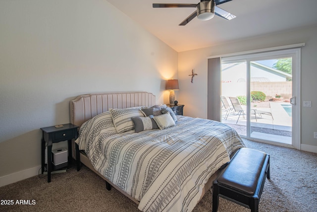 carpeted bedroom featuring lofted ceiling, access to exterior, a ceiling fan, and baseboards