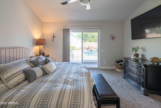 carpeted bedroom with vaulted ceiling, a ceiling fan, baseboards, and access to outside