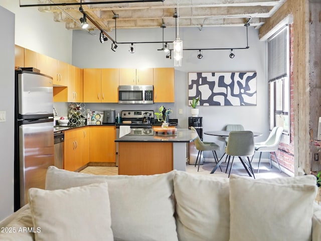 114 W Adams St Unit 505, Phoenix, AZ 85003 - kitchen with stainless steel appliances, a high ceiling, dark countertops, rail lighting, and a kitchen island