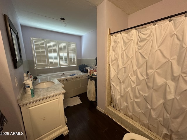 bathroom featuring vanity, curtained shower, and wood-type flooring