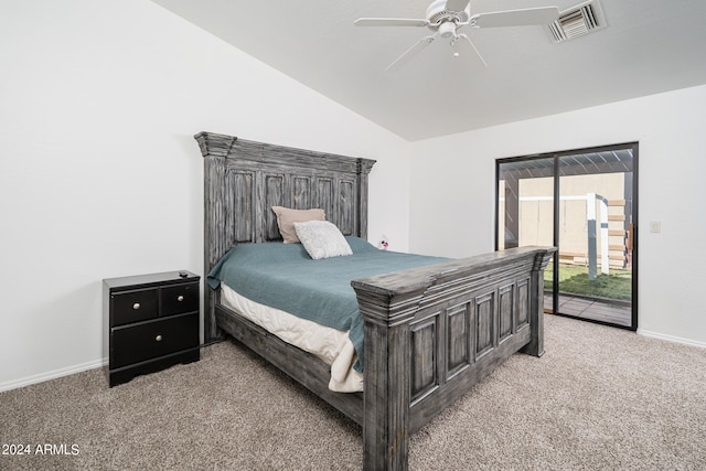 carpeted bedroom featuring ceiling fan, access to outside, and lofted ceiling