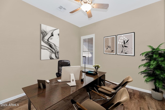 office featuring ceiling fan and dark hardwood / wood-style floors