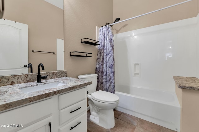 full bathroom with tile patterned flooring, vanity, toilet, and shower / tub combo with curtain