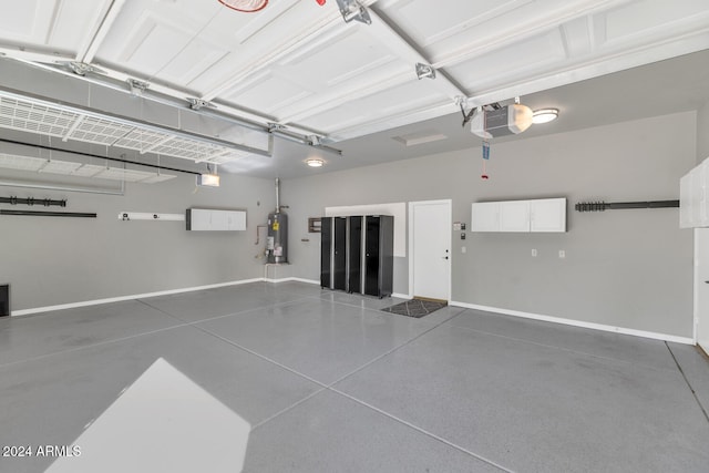 garage with a garage door opener and water heater