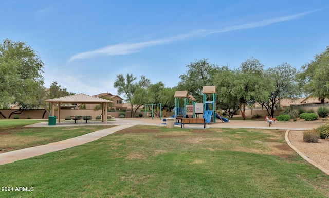 view of play area with a lawn and a gazebo