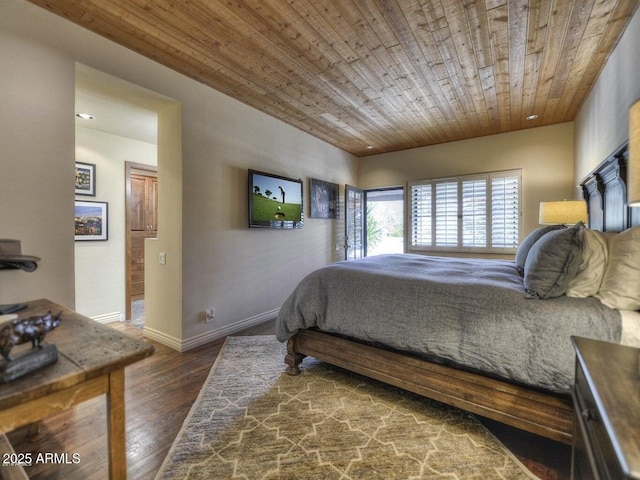 bedroom with dark hardwood / wood-style floors and wood ceiling