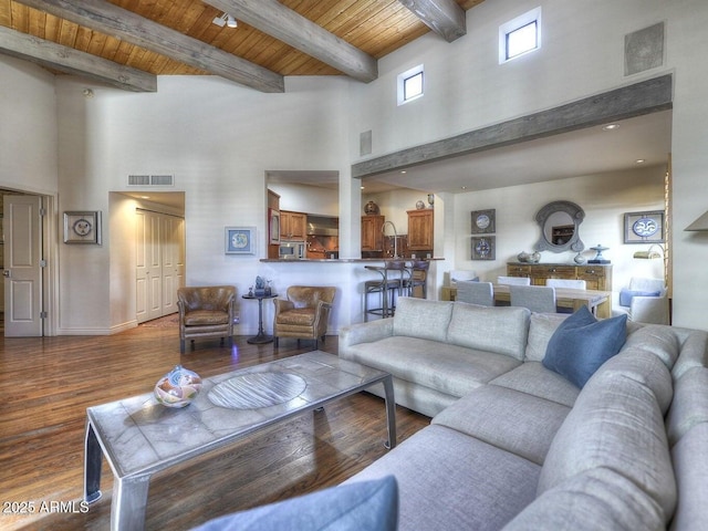 living room with beam ceiling, hardwood / wood-style floors, and wooden ceiling