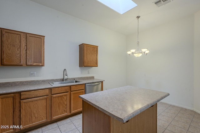 kitchen featuring sink, dishwasher, hanging light fixtures, a skylight, and a kitchen island