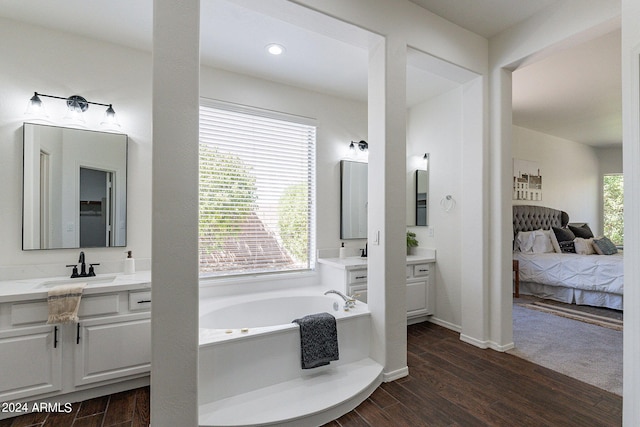 bathroom featuring wood-type flooring, vanity, and a washtub