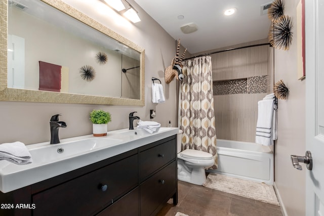 full bathroom with vanity, toilet, tile patterned floors, and shower / bathtub combination with curtain