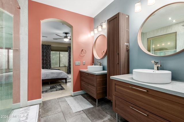 bathroom with vanity, ceiling fan, and tile patterned floors