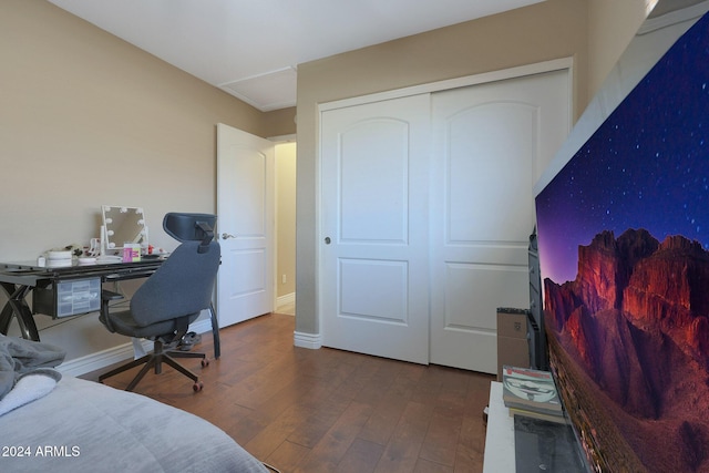 bedroom featuring wood-type flooring and a closet