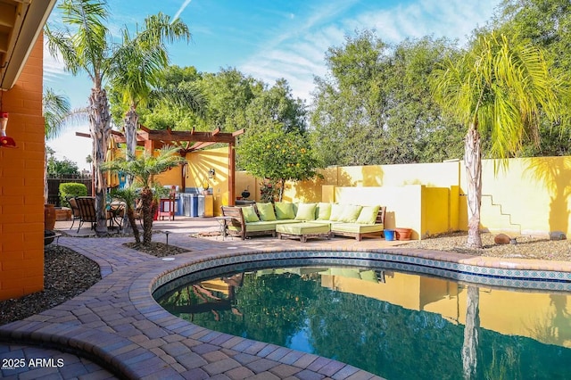 view of pool featuring a fenced in pool, a fenced backyard, and a patio