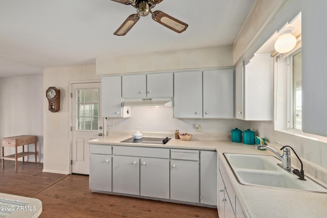 kitchen with a sink, a ceiling fan, under cabinet range hood, and healthy amount of natural light