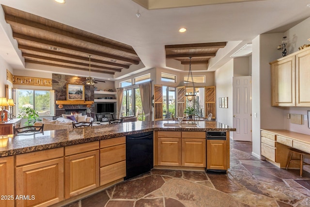 23760 N 80th Way, Scottsdale, AZ 85255 - kitchen with stone tile floors, dishwasher, open floor plan, healthy amount of natural light, and beamed ceiling