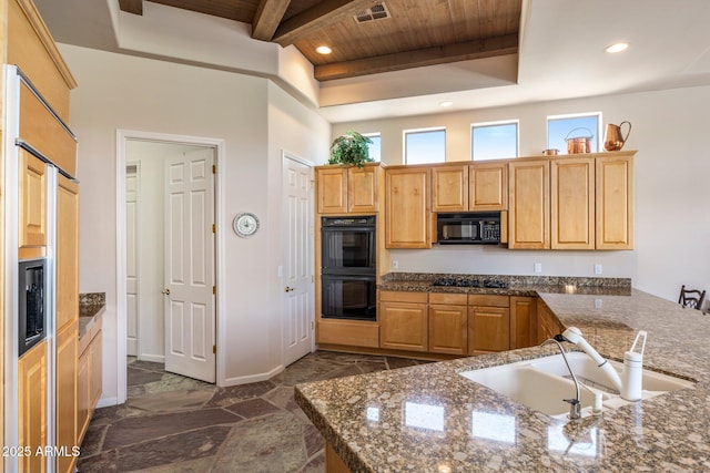 23760 N 80th Way, Scottsdale, AZ 85255 - kitchen featuring black appliances, wooden ceiling, recessed lighting, a sink, and plenty of natural light