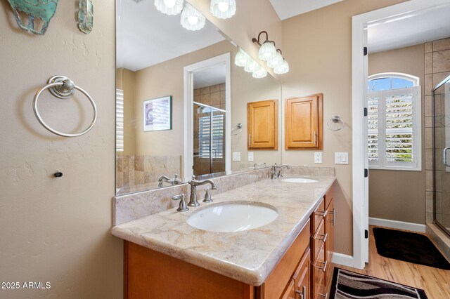 full bathroom featuring double vanity, a shower stall, and a sink