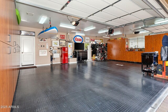 garage with a garage door opener and gas water heater