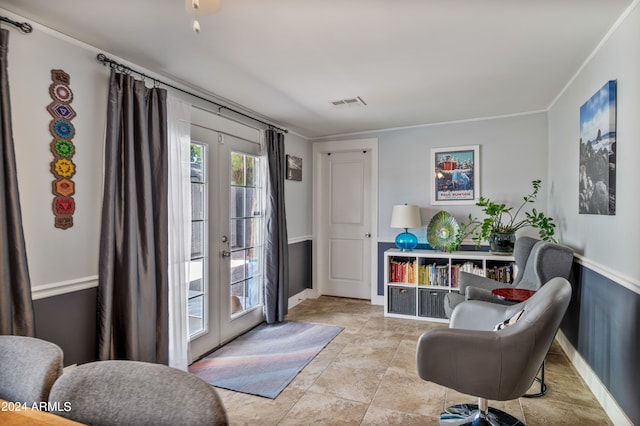 interior space featuring french doors and crown molding