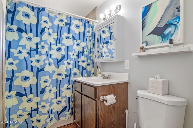 bathroom with a shower with shower curtain, hardwood / wood-style flooring, vanity, and toilet