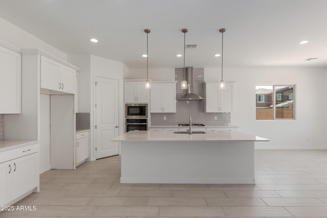 21640 E Roundup Way, Queen Creek, AZ 85142 - kitchen featuring wall chimney exhaust hood, built in microwave, stainless steel oven, backsplash, and light countertops