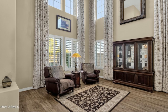 living area with hardwood / wood-style floors and a towering ceiling