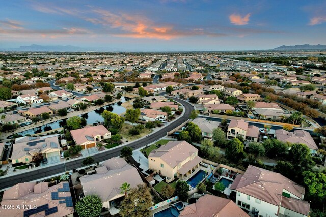 view of aerial view at dusk