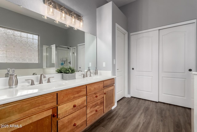 bathroom with double vanity, a sink, a shower stall, and wood finished floors