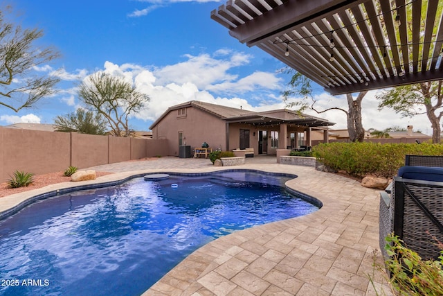 view of swimming pool featuring a patio, fence, central AC unit, and a pergola