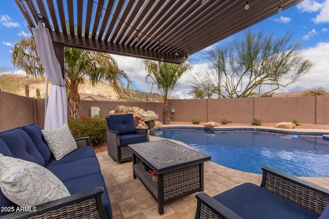 view of pool featuring a fenced backyard, an outdoor hangout area, and a patio