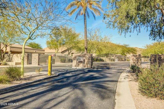 view of road featuring curbs, a gated entry, and a gate