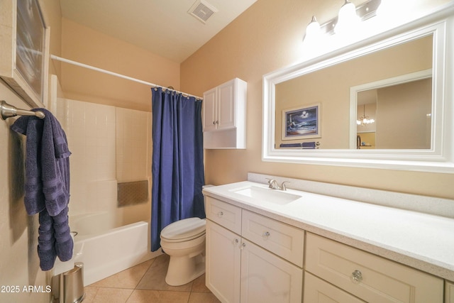 full bathroom featuring toilet, shower / tub combo, tile patterned floors, and vanity