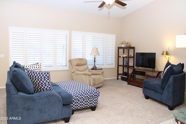 living room featuring ceiling fan and carpet floors