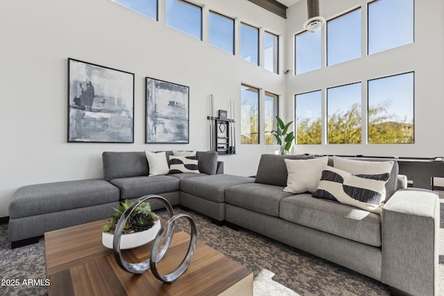 living area with wood finished floors and a towering ceiling