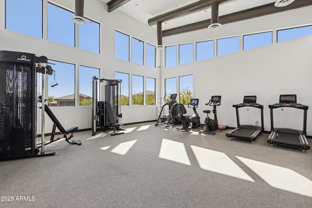 gym featuring baseboards and a towering ceiling