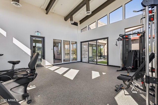exercise room featuring baseboards and a towering ceiling