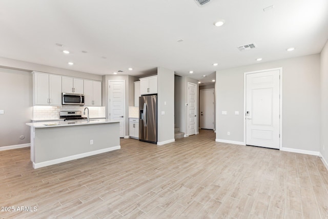 kitchen with tasteful backsplash, light wood-type flooring, white cabinetry, visible vents, and appliances with stainless steel finishes
