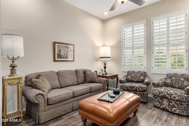 1822 N Waverly, Mesa, AZ 85207 - living room with ceiling fan, wood finished floors, and recessed lighting