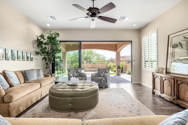 1822 N Waverly, Mesa, AZ 85207 - living area featuring wood finished floors, healthy amount of natural light, ceiling fan, and recessed lighting