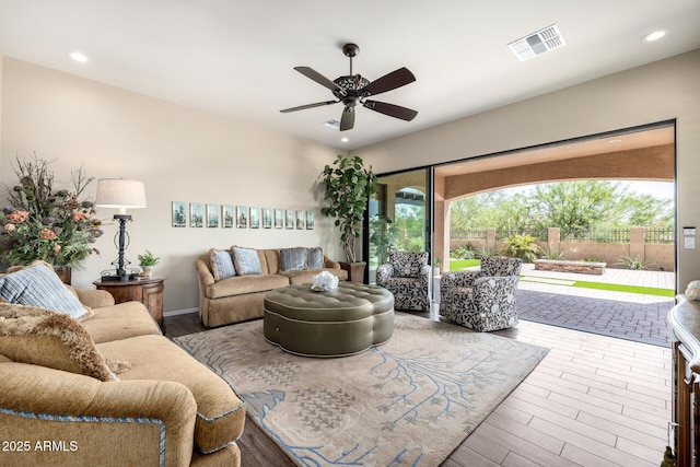1822 N Waverly, Mesa, AZ 85207 - living room featuring a ceiling fan, wood finished floors, and recessed lighting