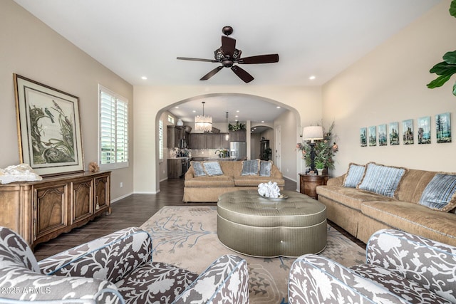 1822 N Waverly, Mesa, AZ 85207 - living area featuring arched walkways, dark wood-type flooring, a ceiling fan, and recessed lighting
