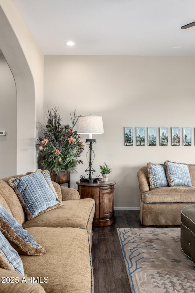1822 N Waverly, Mesa, AZ 85207 - living room with arched walkways, dark wood-type flooring, and recessed lighting
