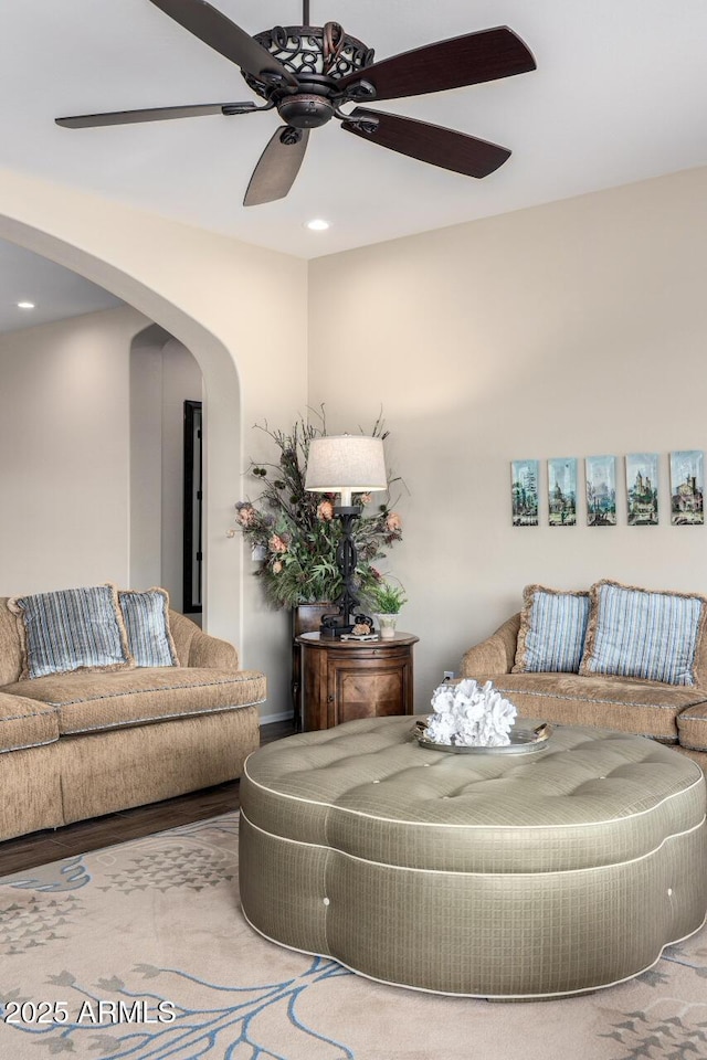 1822 N Waverly, Mesa, AZ 85207 - living room with arched walkways, a ceiling fan, recessed lighting, and wood finished floors