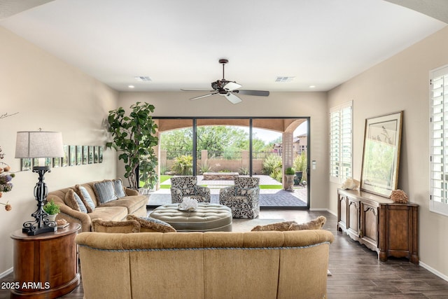 1822 N Waverly, Mesa, AZ 85207 - living room featuring ceiling fan, plenty of natural light, dark wood finished floors, and recessed lighting