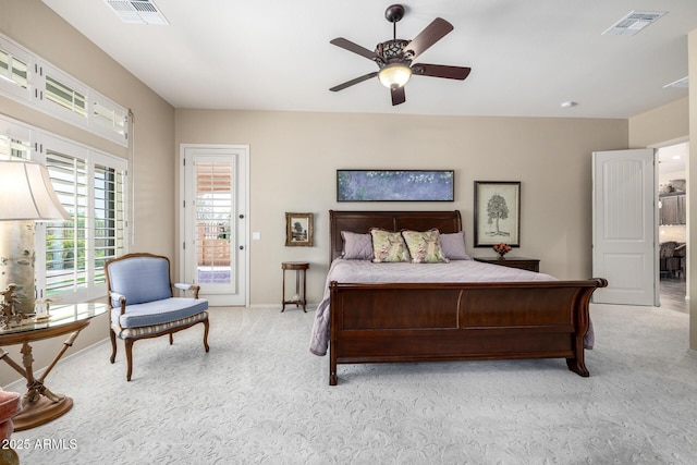 1822 N Waverly, Mesa, AZ 85207 - bedroom with light carpet, access to exterior, and ceiling fan