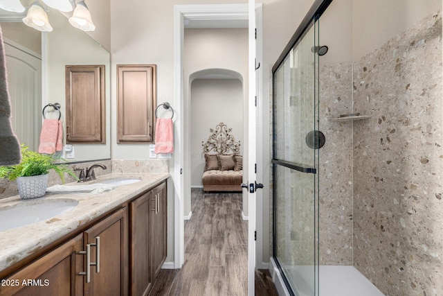 1822 N Waverly, Mesa, AZ 85207 - full bath with a shower stall, double vanity, and wood finished floors