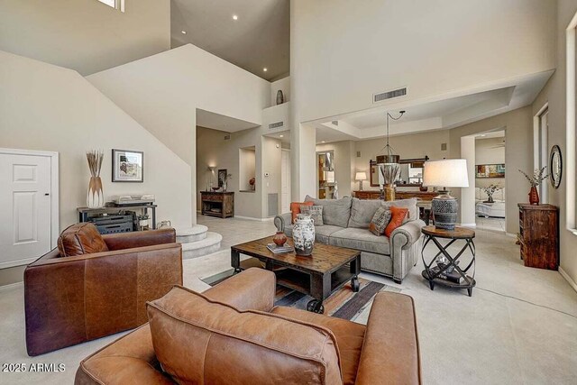 27892 N 108th Way, Scottsdale, AZ 85262 - living room featuring carpet floors, baseboards, a towering ceiling, and recessed lighting
