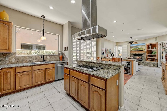 27892 N 108th Way, Scottsdale, AZ 85262 - kitchen with stainless steel appliances, ventilation hood, a sink, light tile patterned flooring, and recessed lighting
