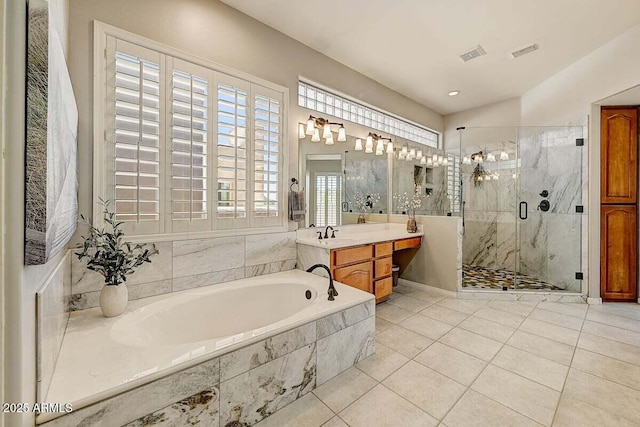 27892 N 108th Way, Scottsdale, AZ 85262 - full bathroom featuring a bath, vanity, a marble finish shower, tile patterned flooring, and vaulted ceiling